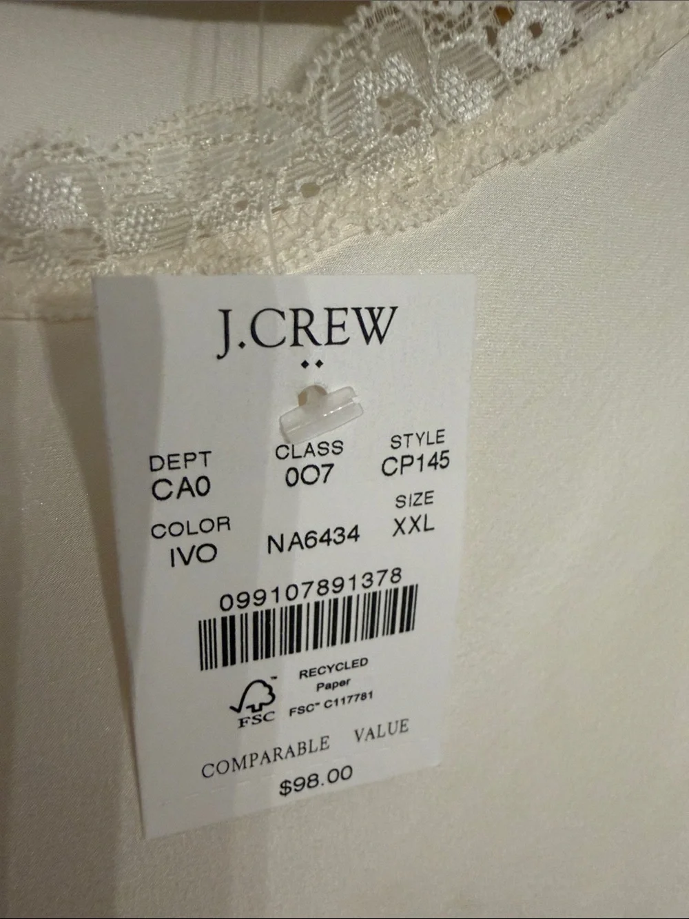 J. Crew Cream Satin Lace-Trim Chemise